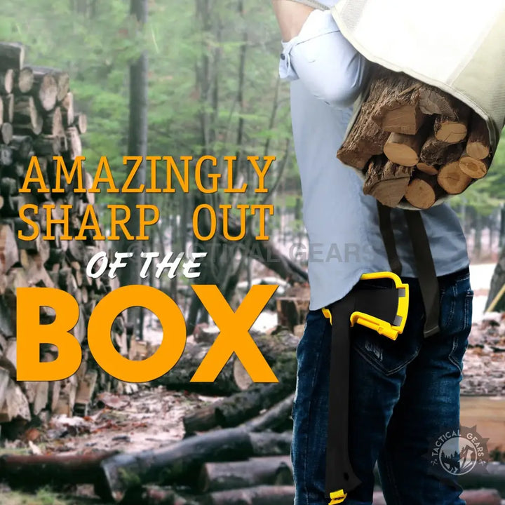 Combo axe with yellow head, black handle in molded plastic case