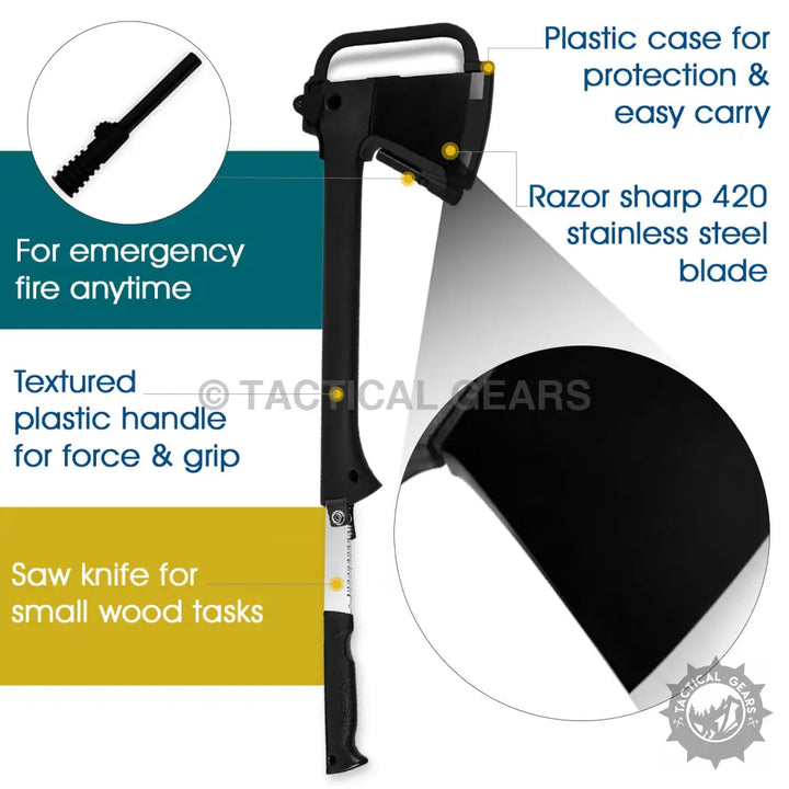 420 stainless steel combo axe with molded plastic case and saw knife