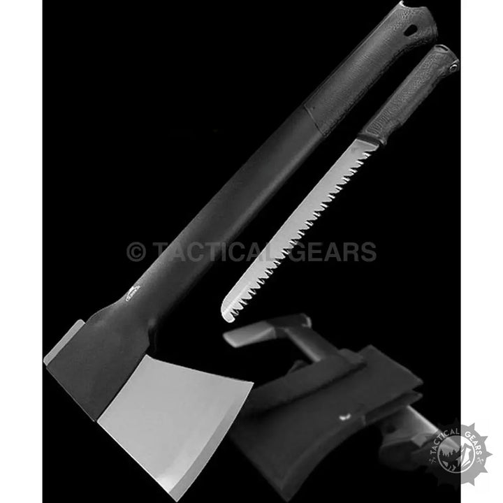 Tactical combo axe with serrated blade and black handle in molded plastic case