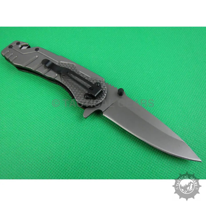 Gray folding pocket knife with clip, ideal survival knife with durable blade handle