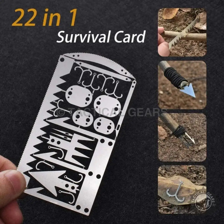 22-In-2 Survival Card with tool card features including fish hooks and sewing needles