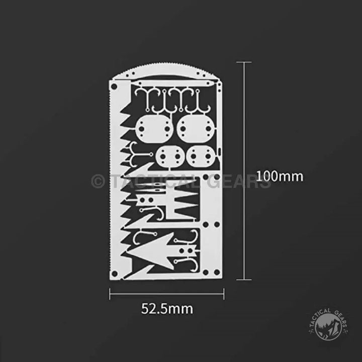 Credit-card-sized survival tool card with fish hooks sewing needles and saw teeth
