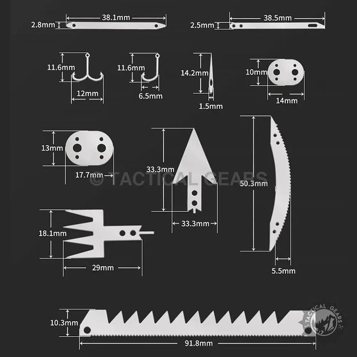 22-In-2 Survival Card with small metal tools, blades, fish hooks, and sewing needles