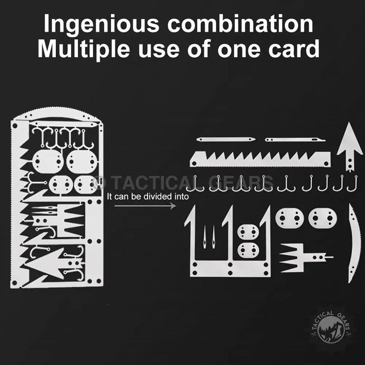 22-In-2 Survival Card with tool card, fish hooks, sewing needles, and detachable survival tools