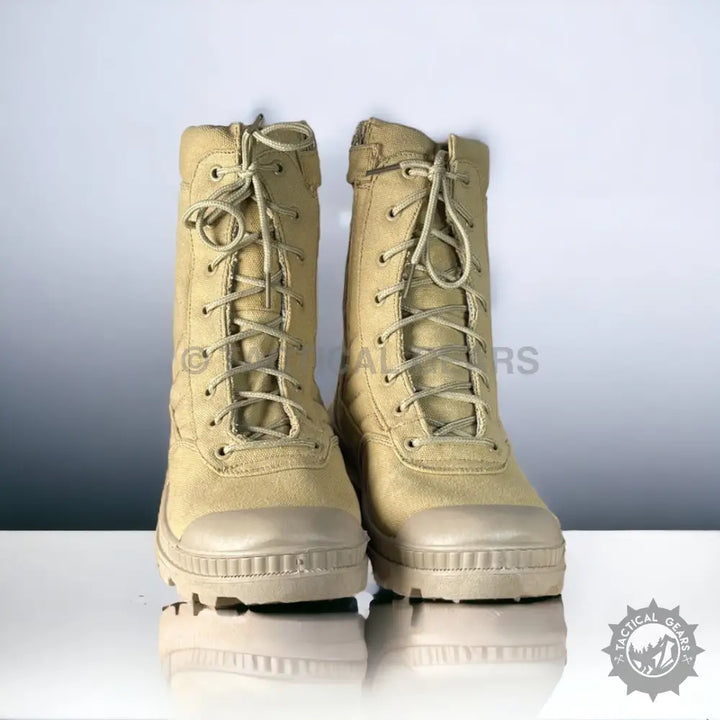 Pair of tan SWAT Military Combat Hiking Boots with reinforced toes for rugged outdoor wear