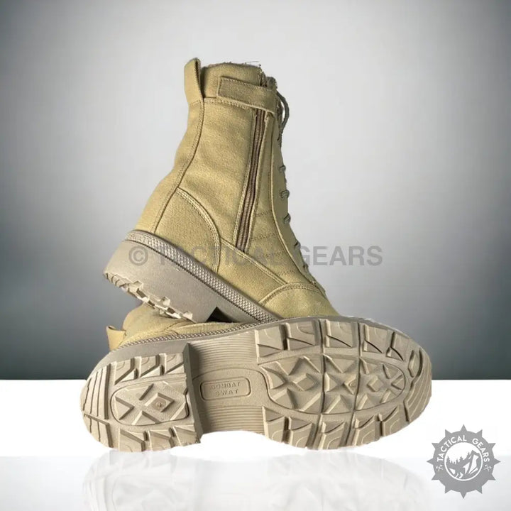 SWAT Military Combat Hiking Boots with tan tactical design, side zippers, lug soles