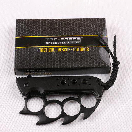 TACFORCE Speedster black brass knuckles folding steel knife with serrated blade
