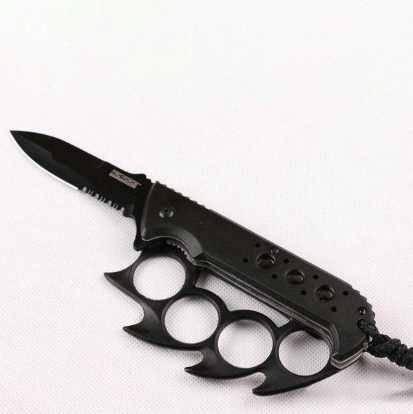 TACFORCE serrated steel folding force knife with black brass knuckles
