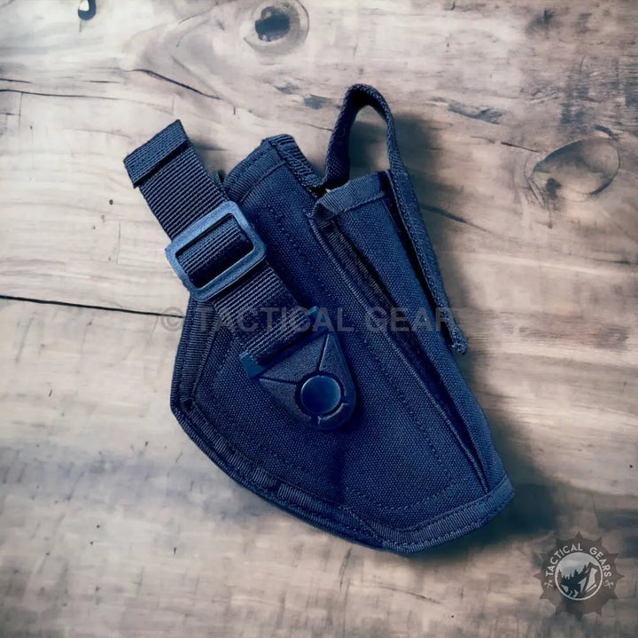 Dark blue nylon 9mm belt holster with built-in mag pouch and adjustable strap