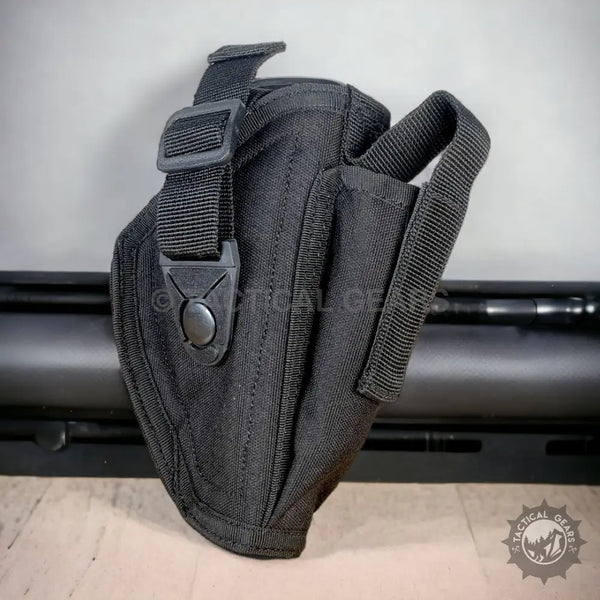 Black nylon tactical 9mm belt holster with built-in mag pouch and adjustable strap