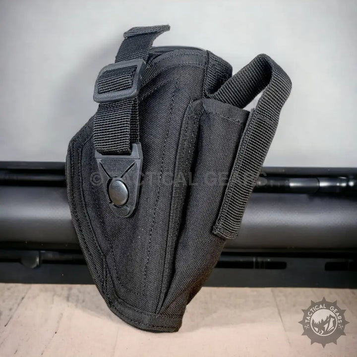 Black nylon tactical 9mm belt holster with built-in mag pouch and adjustable strap