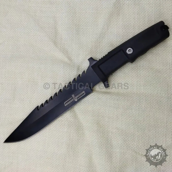 Extrema Ratio Tactical Black Fixed Blade Knife with serrated spine and embossed logo for razor sharp cutting