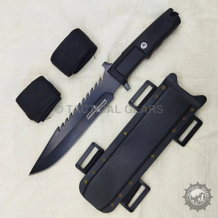 Extrema Ratio Tactical black fixed blade knife with partially serrated edge and sheath