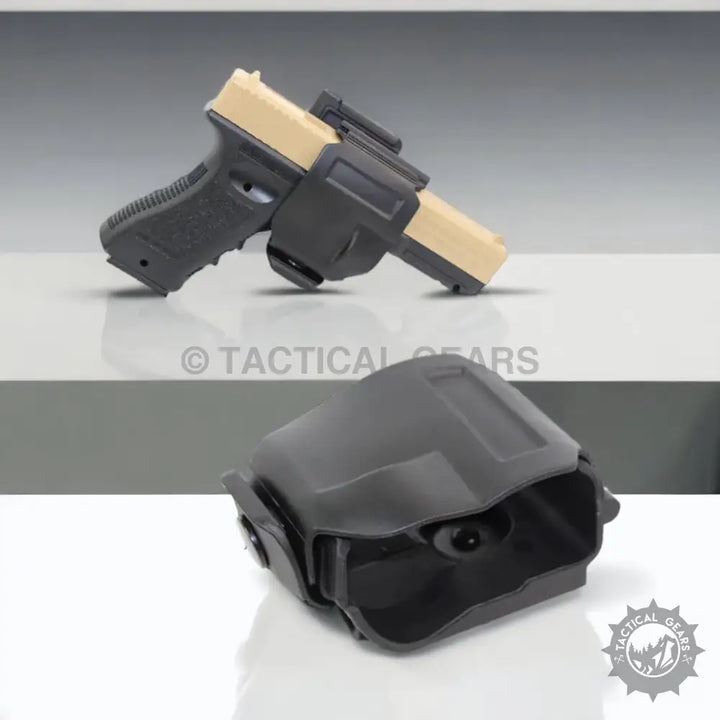 Tactical belt holster for Glock 17 22 23 holding a tan and black semi-automatic pistol