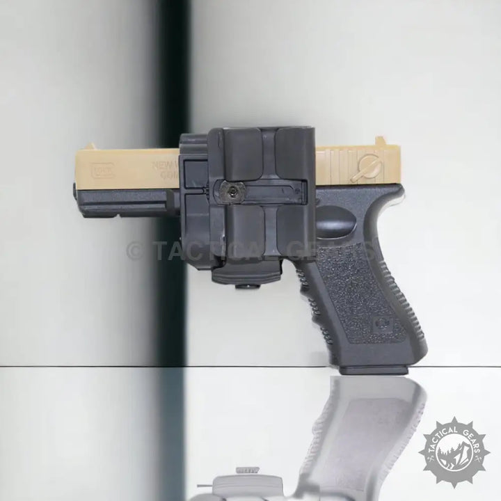 Black and tan handgun in tactical belt holster for Glock 17 22 23 with tactical accessory