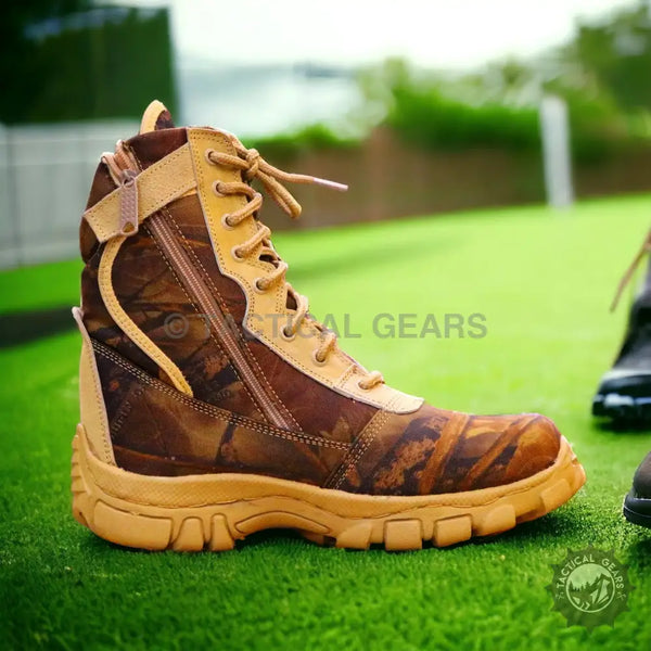Brown and tan camouflage tactical boot with laces and side zipper for On Target 007 Camo Shoes