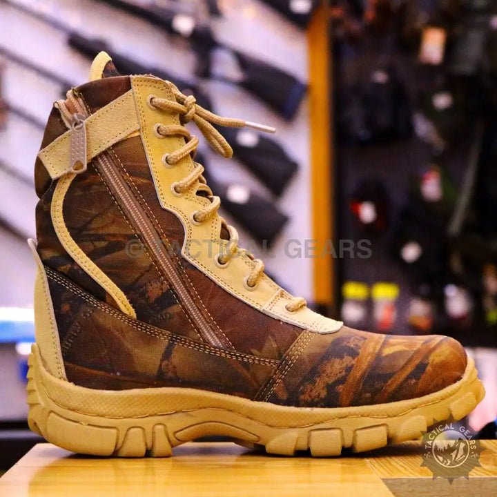 On Target 007 Camo Shoes high-top tactical boots with camouflage pattern and tan laces