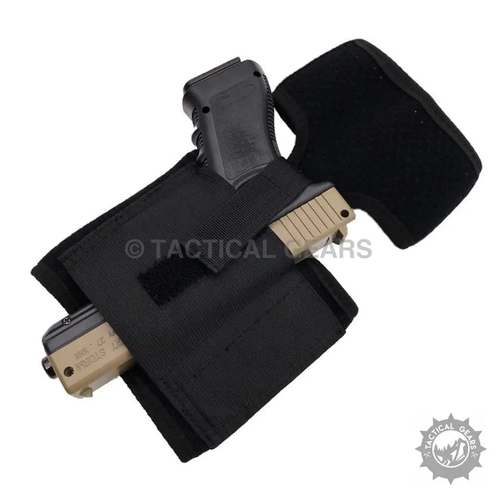 Black tactical holster with tan pistol for tactical concealed foot carry product