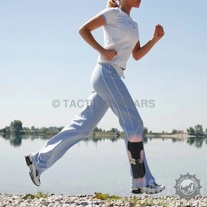 Woman running with a leg brace showcasing a tactical concealed foot holster for discreet carry