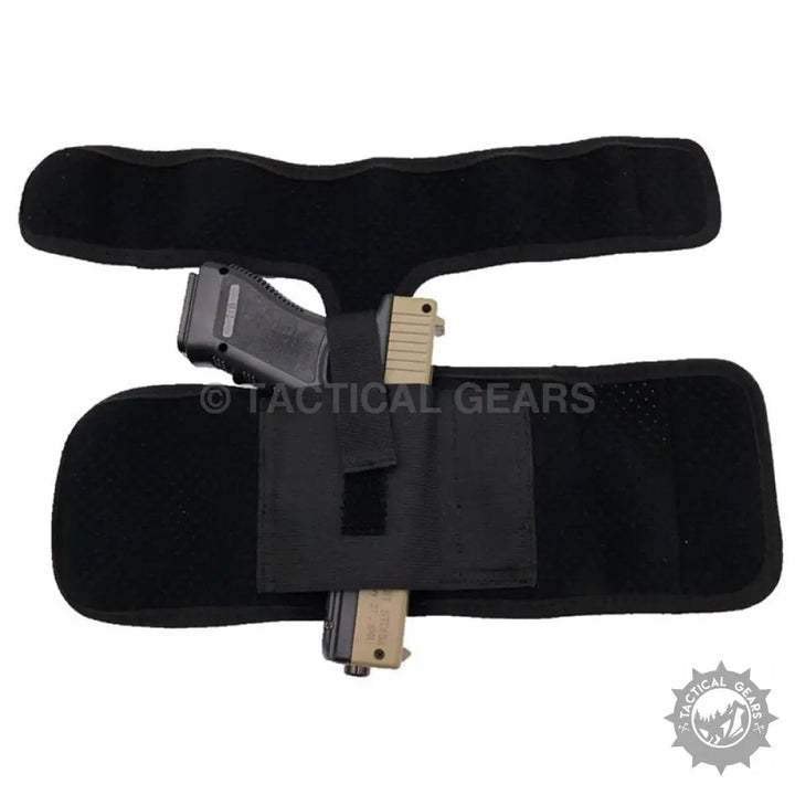 Black neoprene tactical concealed foot holster with two handguns for discreet carry