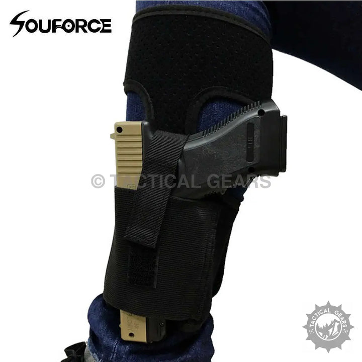 Black tactical concealed foot holster with tan and black handgun for tactical concealed carry
