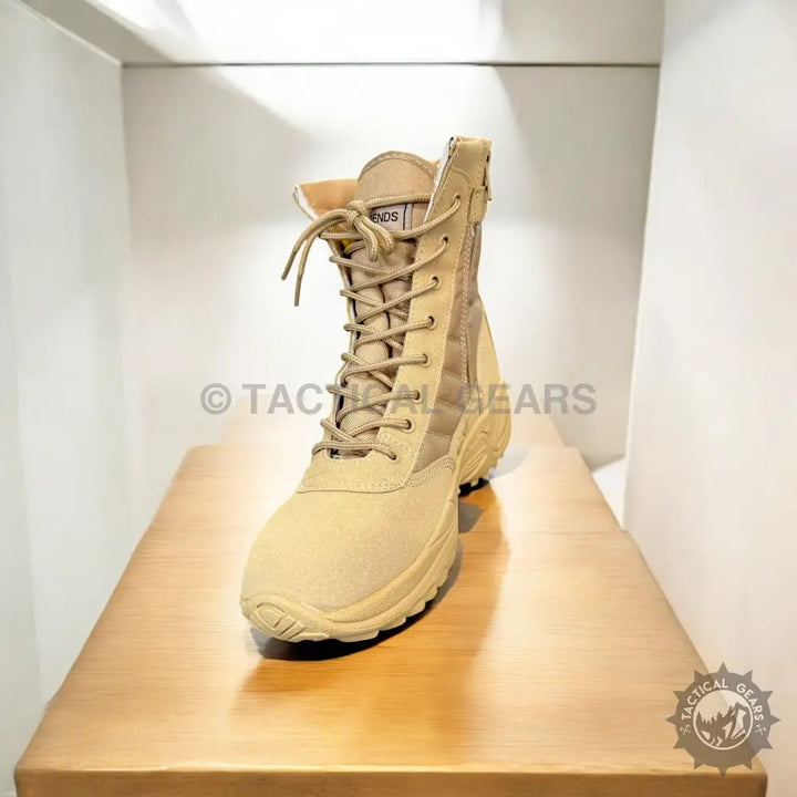 Light brown tactical desert combat boots with laces and side zipper for tactical desert gear