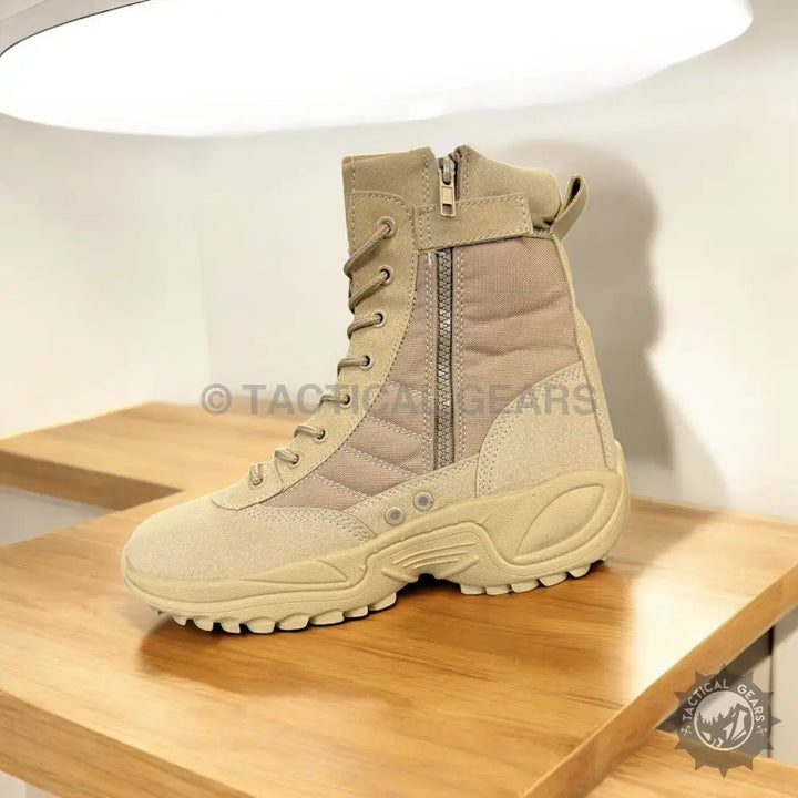 Tan tactical combat boots with laces and side zipper, ideal for desert combat gear