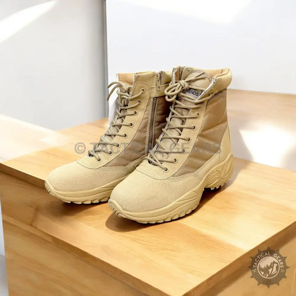 Tan tactical desert combat boots with laces and side zippers for tactical desert gear