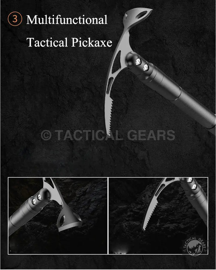 Multifunctional tactical pickaxe with serrated blade and adjustable head in Tactical Folding Shovel Survival Tool Kit