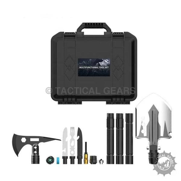 Black Tactical Folding Shovel and Survival Tool Kit with interchangeable axe, shovel, knives, and handles
