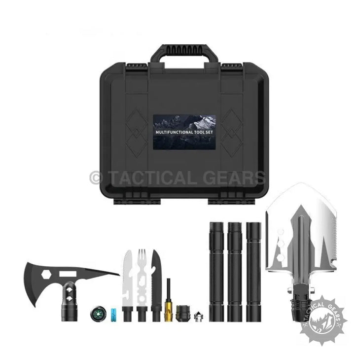 Black Tactical Folding Shovel and Survival Tool Kit with interchangeable axe, shovel, knives, and handles