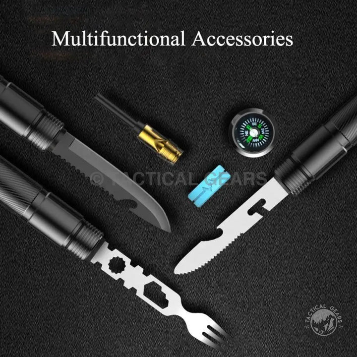 Black and silver multi-tool accessories with knife, compass, spork, and hex wrench for Tactical Folding Shovel and Survival Tool Kit
