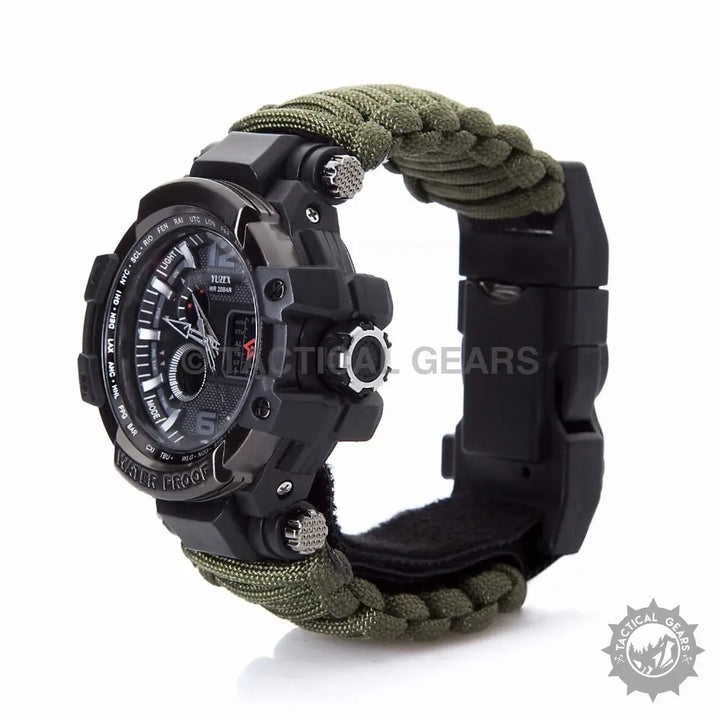Rugged black and olive green survival paracord watch with multi-functional survival paracord design