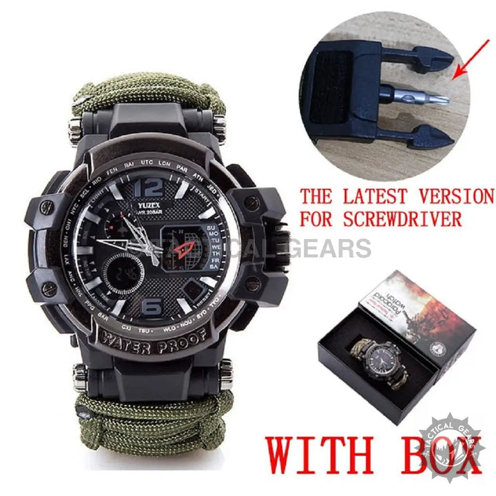 Men’s black tactical sports watch with green paracord strap, digital analog display, multi-functional survival paracord