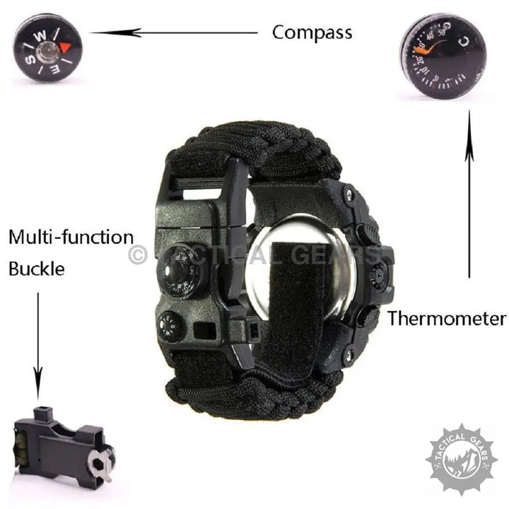 Black Tactical G3 Outdoor Paracord Watch with survival paracord, compass, thermometer