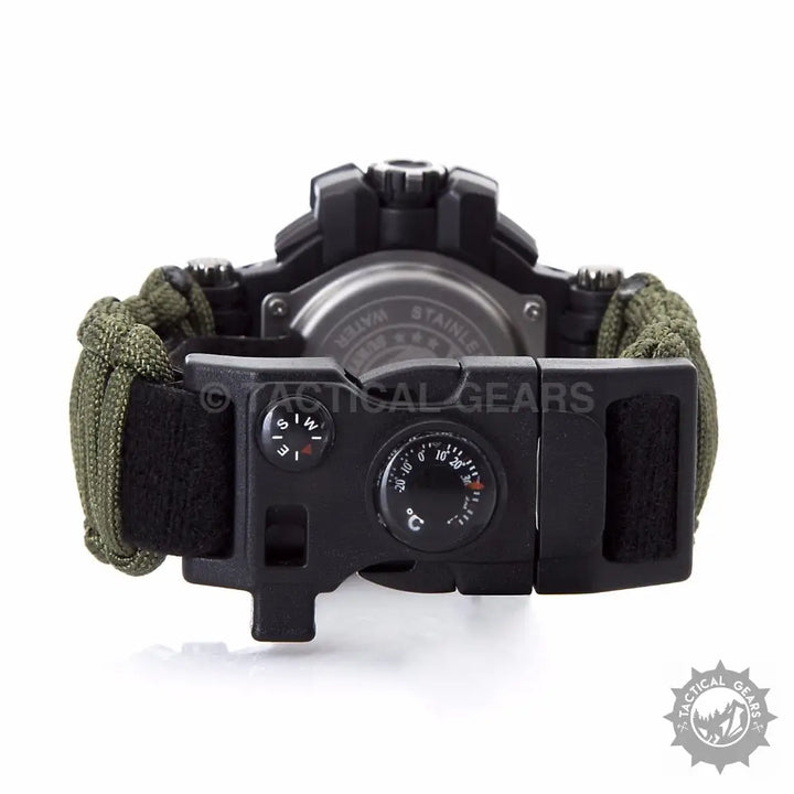 Black Tactical G3 Outdoor Paracord Watch with integrated compass and thermometer for survival