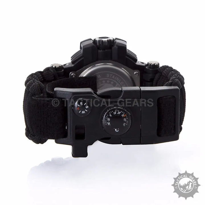 Black Tactical Survival Watch with Compass and Thermometer, Multi-Functional Survival Paracord Watch