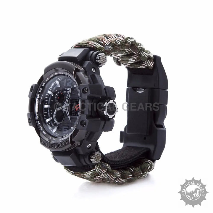 Black tactical watch with camouflage paracord wristband, ideal survival paracord watch