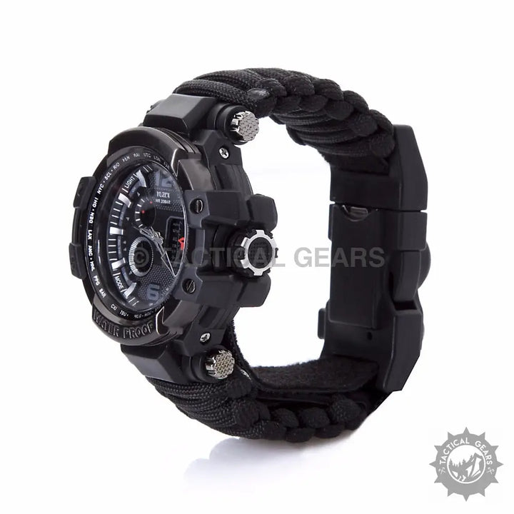 Black tactical watch with survival paracord strap, multi-functional survival paracord accessory