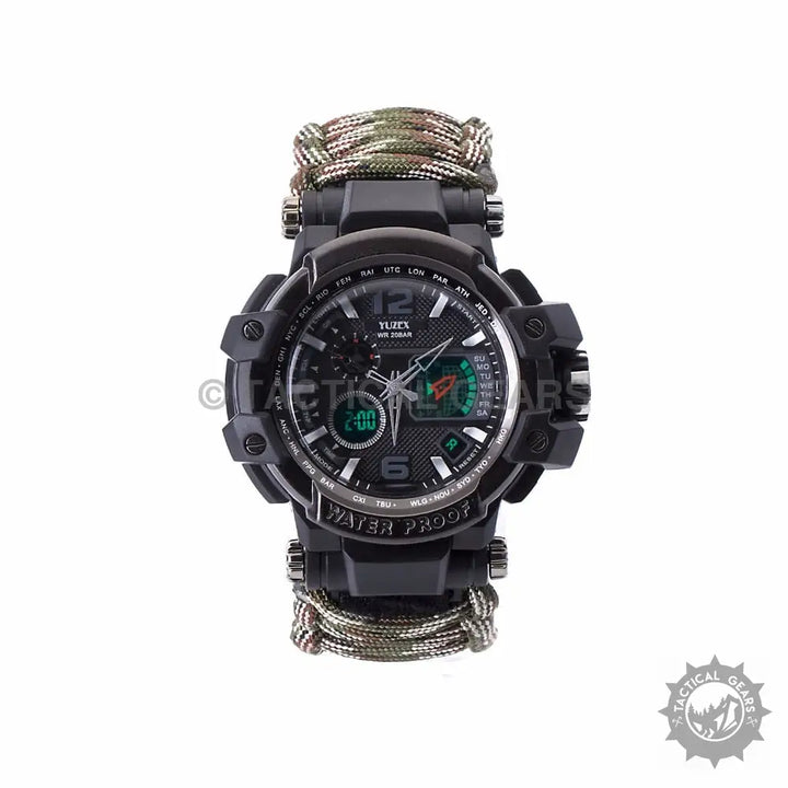 Black multi-function survival paracord watch with camouflage strap, perfect as a handmade braided bracelet