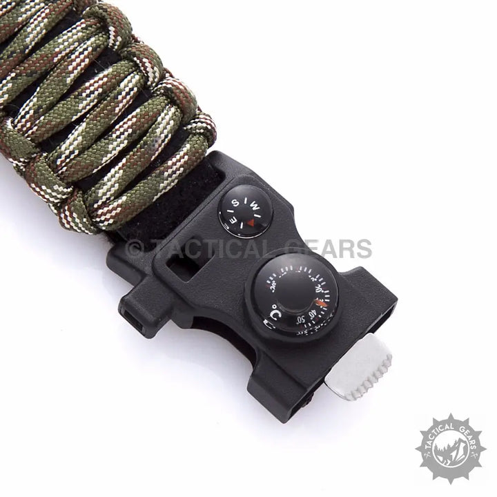 Camo paracord survival bracelet with compass thermometer and fire starter on Tactical G3 Outdoor Paracord Watch