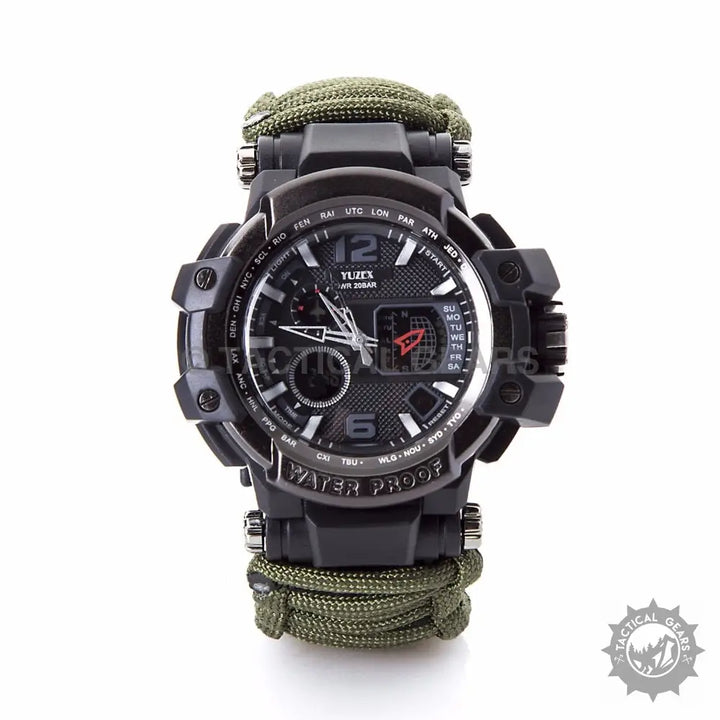 Black tactical watch with green survival paracord strap, multi-functional survival paracord
