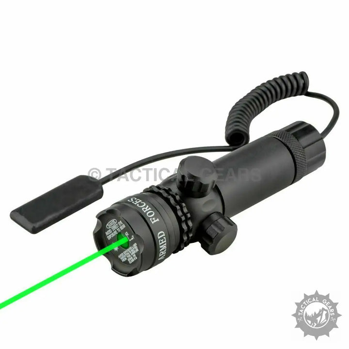 Black tactical green laser sight with remote pressure switch and adjustable mounts