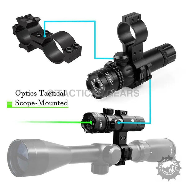 Green laser sight with scope-mounted green laser and adjustable mounts for optimal output power