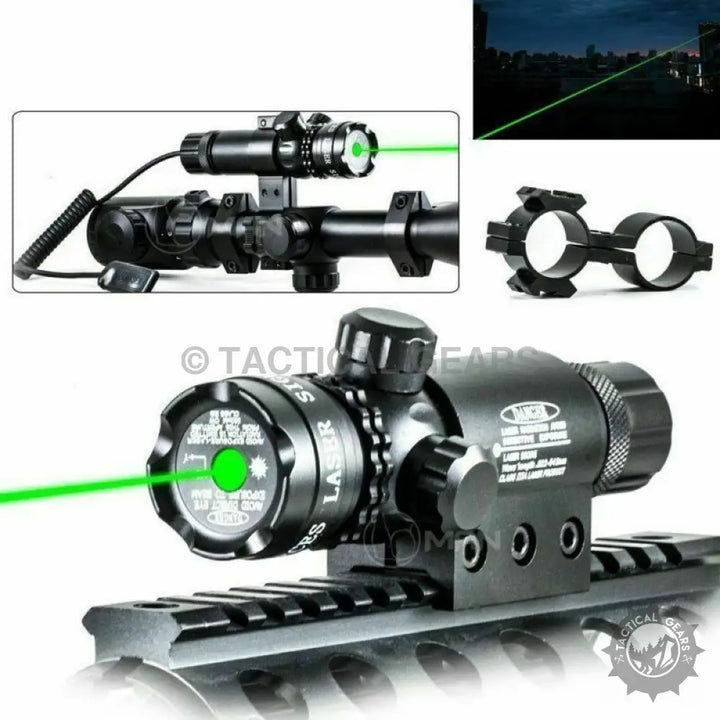 Green laser sight with adjustable mounts for firearm and high output power in black