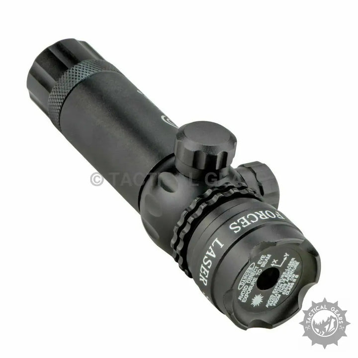 Black tactical laser sight with adjustable mounts for green laser output power and accuracy