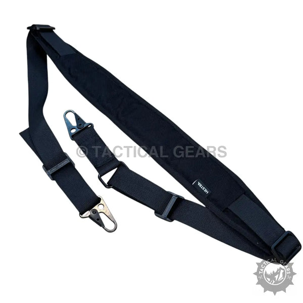Tactical heavy-duty 2-point sling with black padded shoulder strap and metal swivel hooks