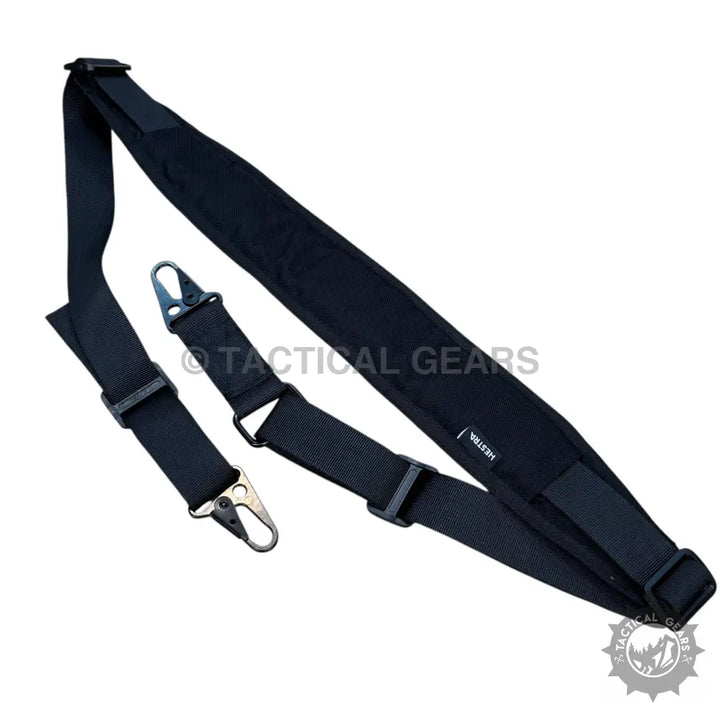 Tactical heavy-duty 2-point sling with black padded shoulder strap and metal swivel hooks