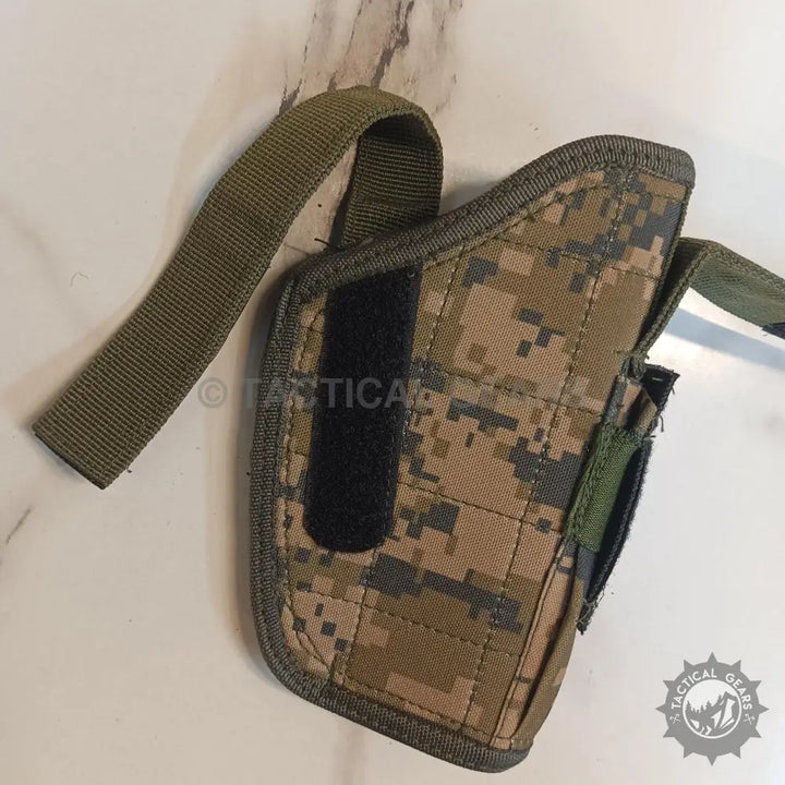Camouflage tactical holster with pouch and adjustable strap for secure carry