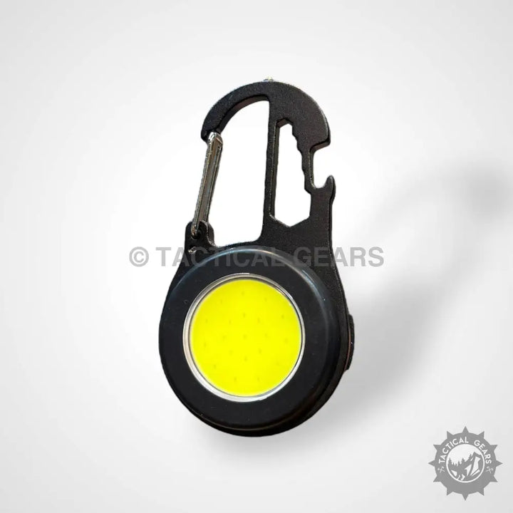Black Carabiner-Style Tactical Keychain Flashlight with Circular Yellow Light